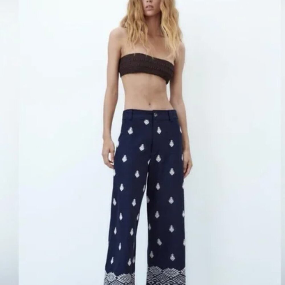 Zara | Embroidered Linen Blend Pants | Used Once